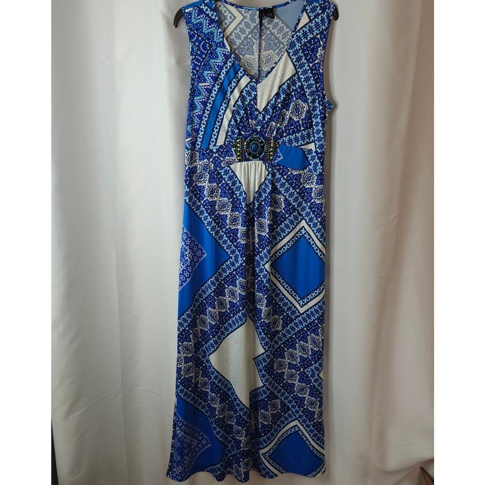 New direction sz L Blue Geometric Print Maxi Dress beaded accent nautical